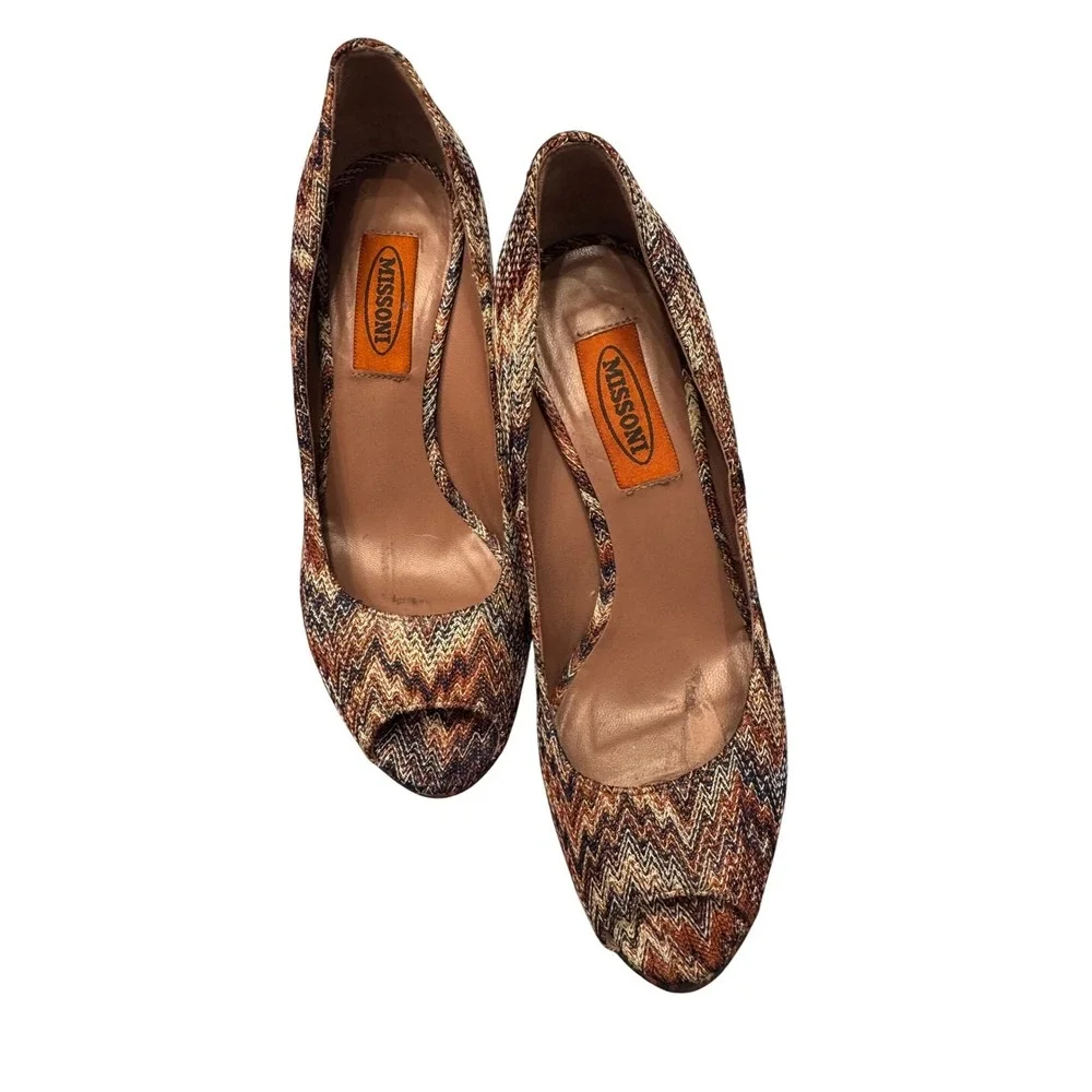 Missoni Women's Heels Size 37.5‎ Multicolor Zigzag Peep Toe Platform Pumps